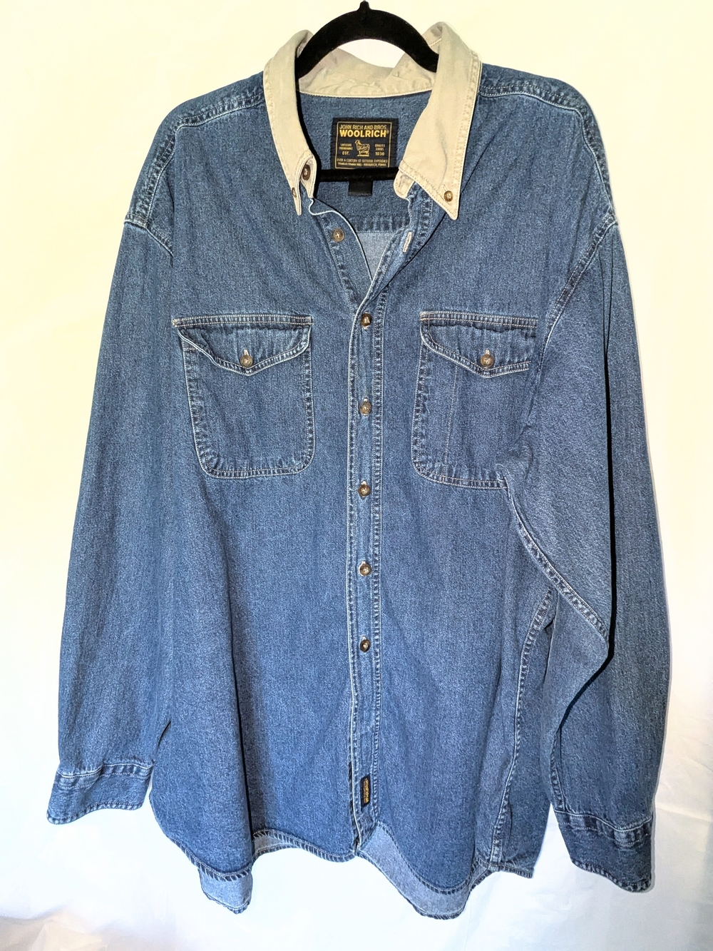 Woolrich Classic Blue Denim Shirt with Cream Collar